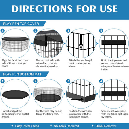 Foldable Metal Wire Dog Pen Pet Playpen Dog Fence Indoor Exercise Pen Enclosure Indoor Outdoor with Bottom Pad and Top Cover (Black 24 top Bottom Cover)