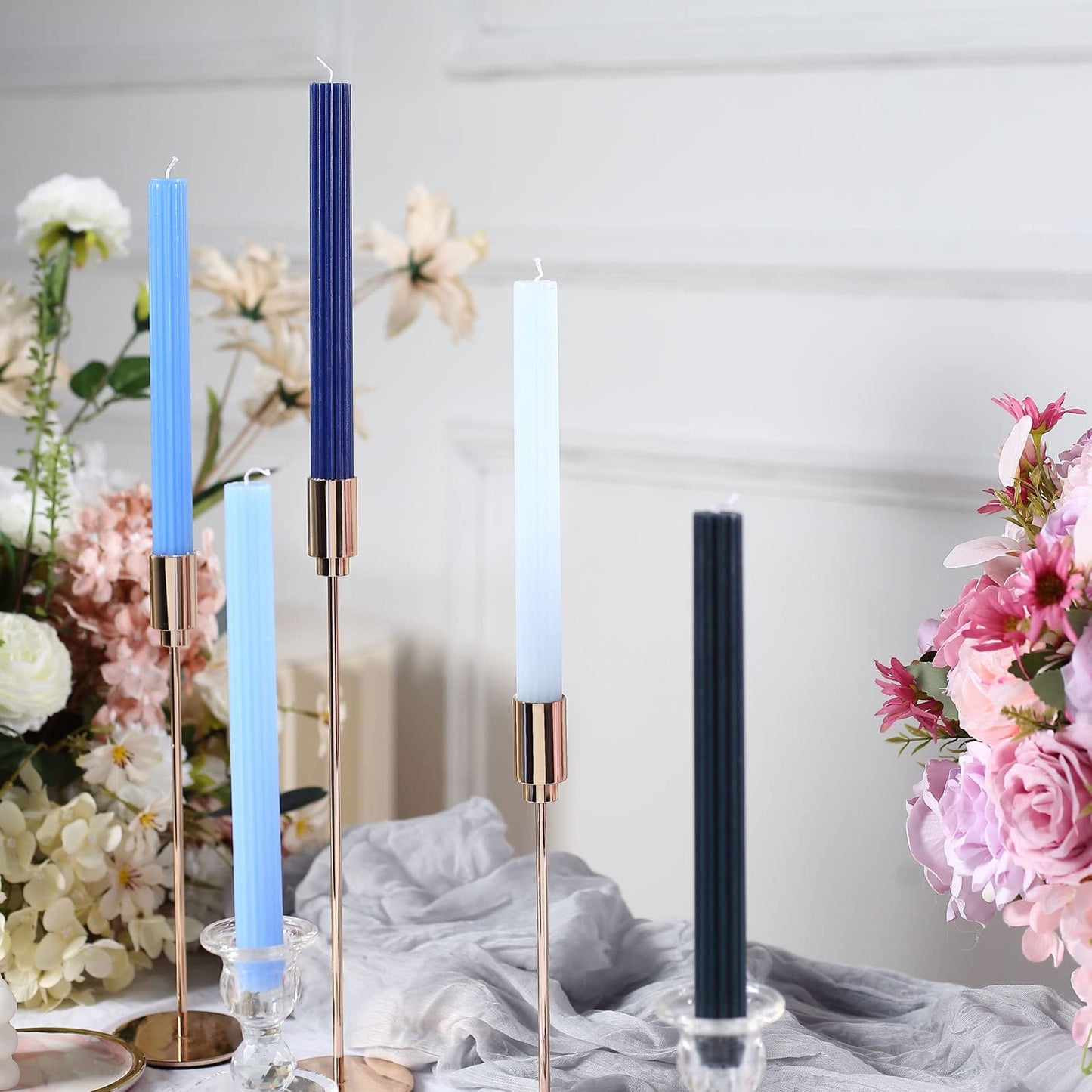 Tableclothsfactory 5 Pack | 9" Assorted Blue Premium Unscented Ribbed Wick Taper Candles, Tall Ribbon Wax Dinner Candles