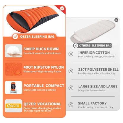 QEZER Down Sleeping Bag for Adults 600 Fill Power, Cold Weather Compact Ultralight All Seasons Sleeping Bag for Backpacking, Camping, Hiking