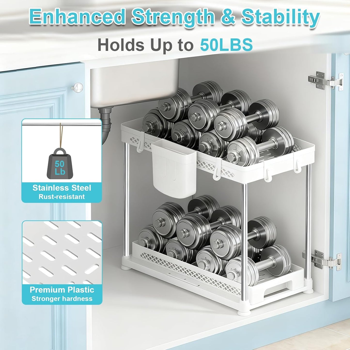 Under Kitchen Sink Organizer - 2-Tier Multi-Purpose Storage Solution | White, 2 Pack with Hooks
