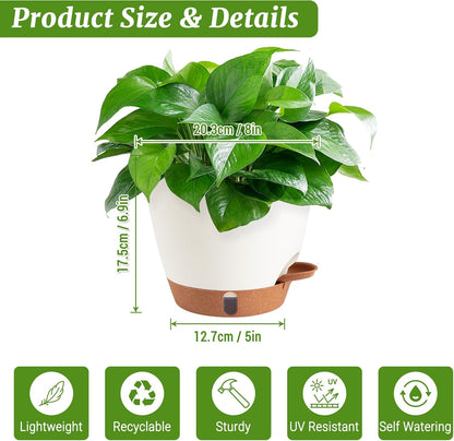 Skiennix 8-Inch Self-Watering Plant Pots - Durable Plastic with Drainage Holes & Water Level Indicator | White (2-Pack)