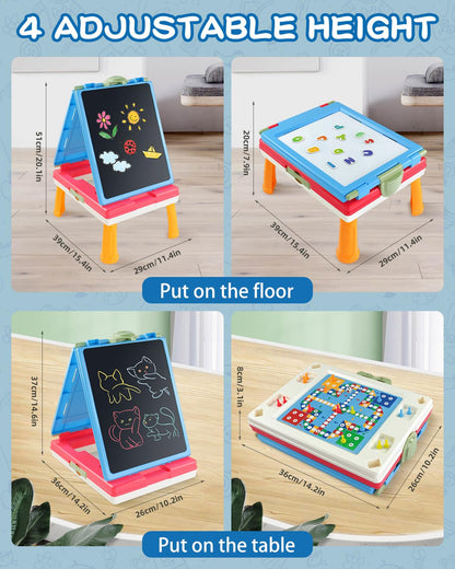 Elovien Easel for Kids, 4 in 1 Double Sided Toddler Art Easel with Chalkboard & Magnetic Whiteboard, Foldable Kids Tabletop Easel with Drawing & Writing Accessories - Gift for Boys and Girls (Blue)