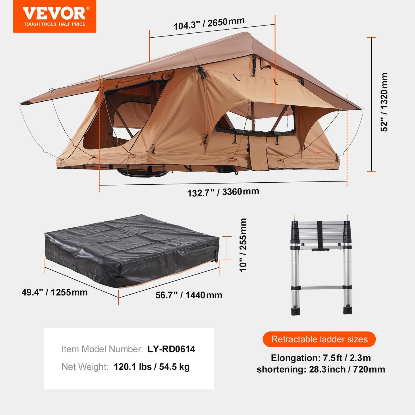 VEVOR Rooftop Tent Hard Shell, Roof Top Tents for Car SUV Truck Jeep Van Camping, Rooftent with Telescopic Ladder Thick Mattress & LED Strip Light, 2-3 Person Family Camping Tent