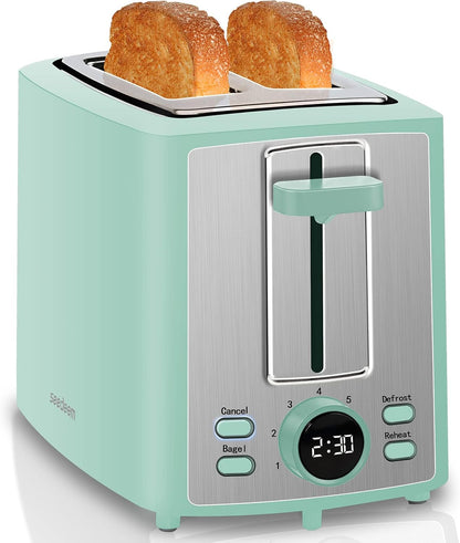 SEEDEEM 2-Slice Toaster - LCD Display, 7 Shade Settings, Extra Wide Slots, Azure Blue