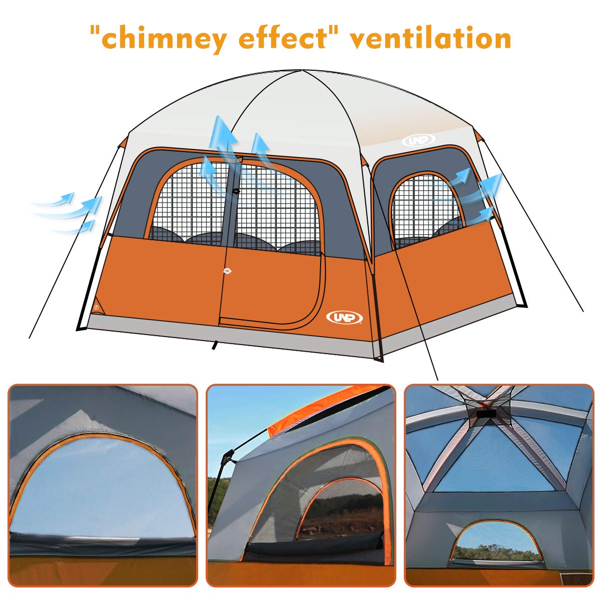 UNP Tents 6 Person Waterproof Windproof Easy Setup,Double Layer Family Camping Tent with 1 Mesh Door & 5 Large Mesh Windows -10'X9'X78in(H) Orange