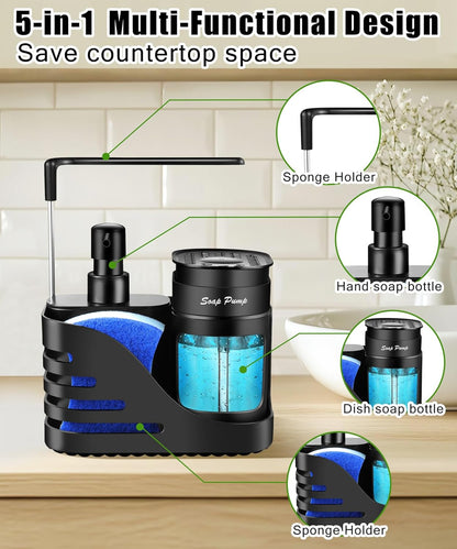 Skiennix Kitchen Soap Dispenser Set - 4-in-1 Dual Soap Dispenser with Sponge & Dishcloth Holder | Black