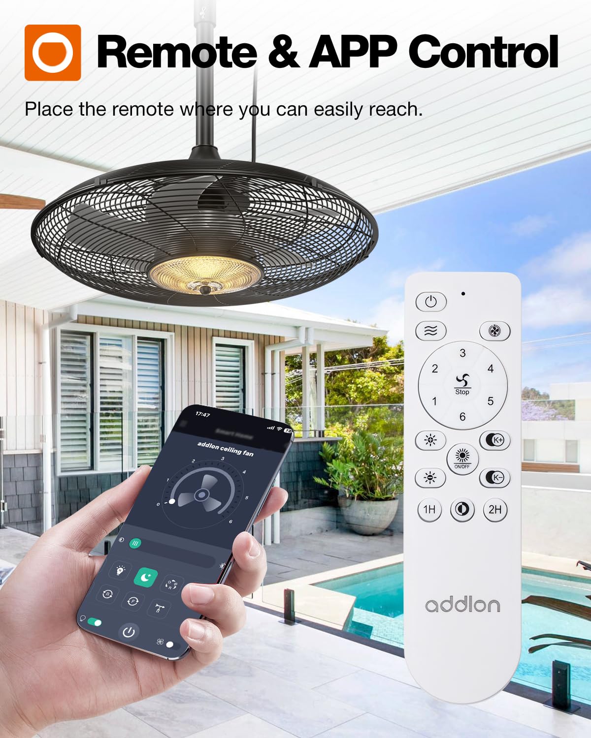 addlon 56FT(50+6) Solar String Lights Outdoor with Remote, 27 Shatterproof G40 Bulbs, Solar Powered & USB Charging Patio Lights & 20 Inch Outdoor Ceiling Fans with Lights for Patios