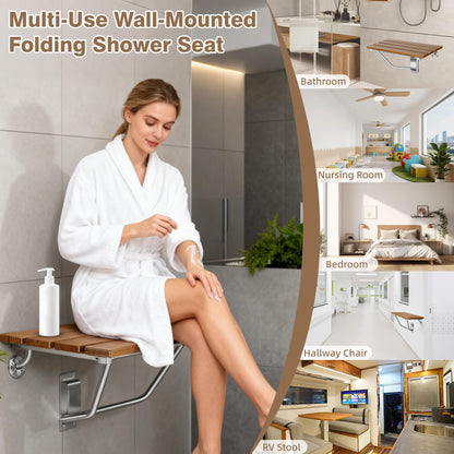 20'' Folding Shower Seat Wall Mounted, Folding Shower Bench with Stainless Steel Bracket, 500lb Load Capacity, for Elderly, Pregnant Women, Kids, Disabled