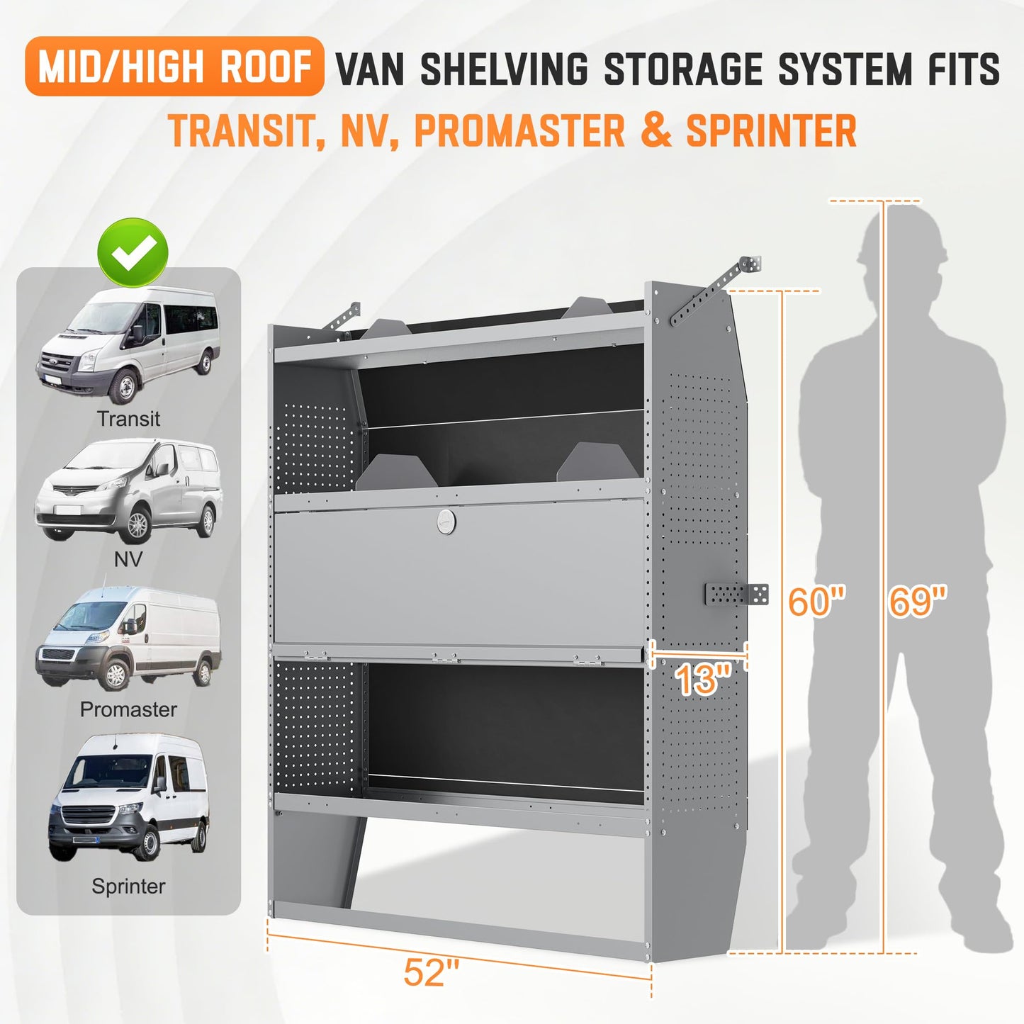 Cargo Van Shelving with Lockable Door Kits,Fit Transit, Nv, Promaster,Sprinter Mid/High Roof,Adjustable Heavy-Duty Steel Van Shelving Storage System W/Hooks & Ropes,52" W X 60" H X 13" D
