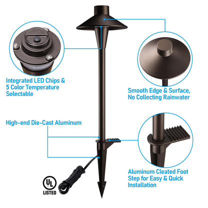 LEONLITE Update 5CCT Low Voltage Pathway Lights, LED Landscape Path Lights, 1800/2700/3000/4000/5000K, Hat Shape Head, 12-24V AC/DC, IP65 Outdoor Walkway Light, Oil Rubbed Bronze Aluminum, Pack of 6