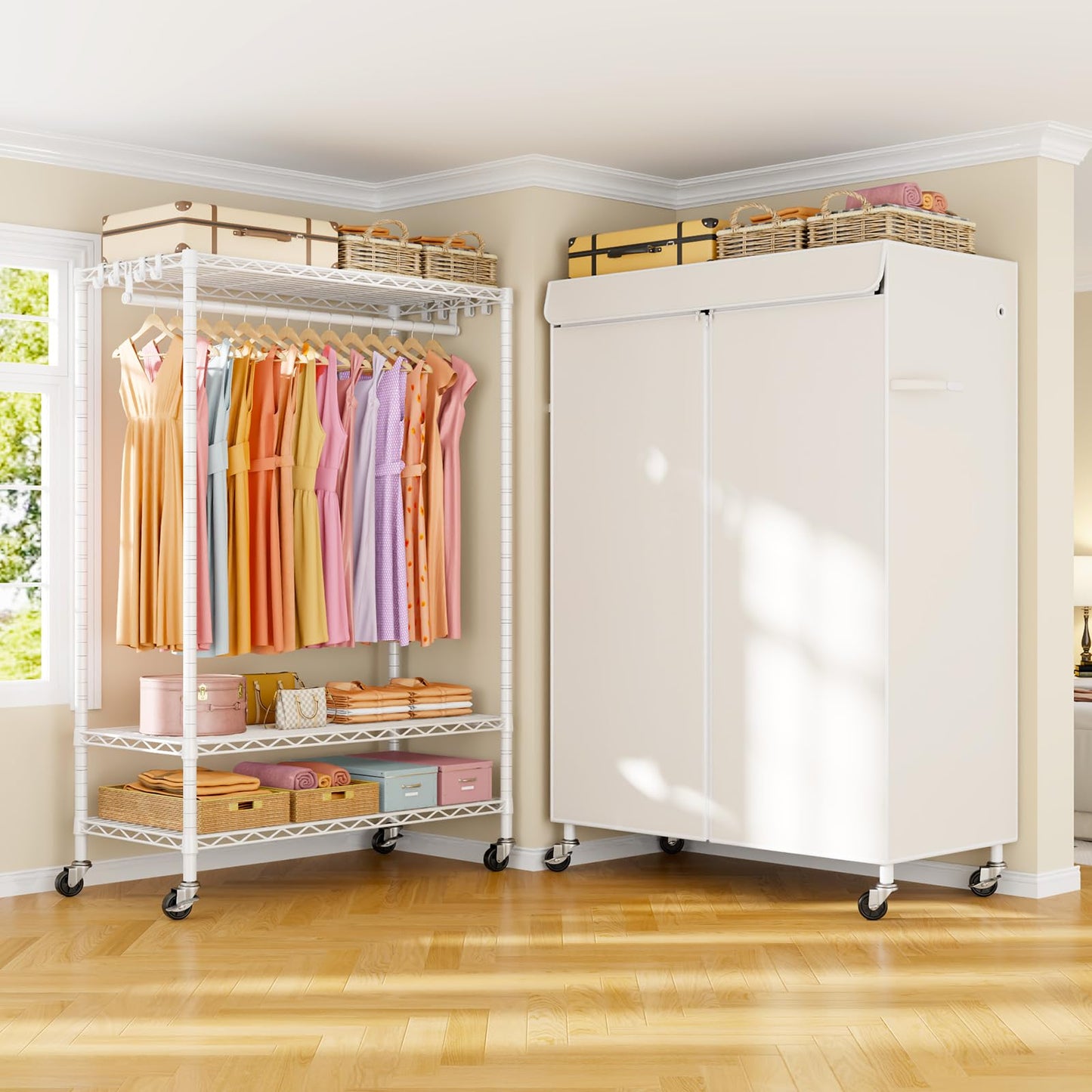 ULIFHOME P6C Plus Rolling Clothes Rack with Cover, Covered Clothing Rack Heavy Duty, Portable Closet for Hanging Clothes, Garment Rack on Wheels, White Closet Rack with White Cover, Max Load 375LBS