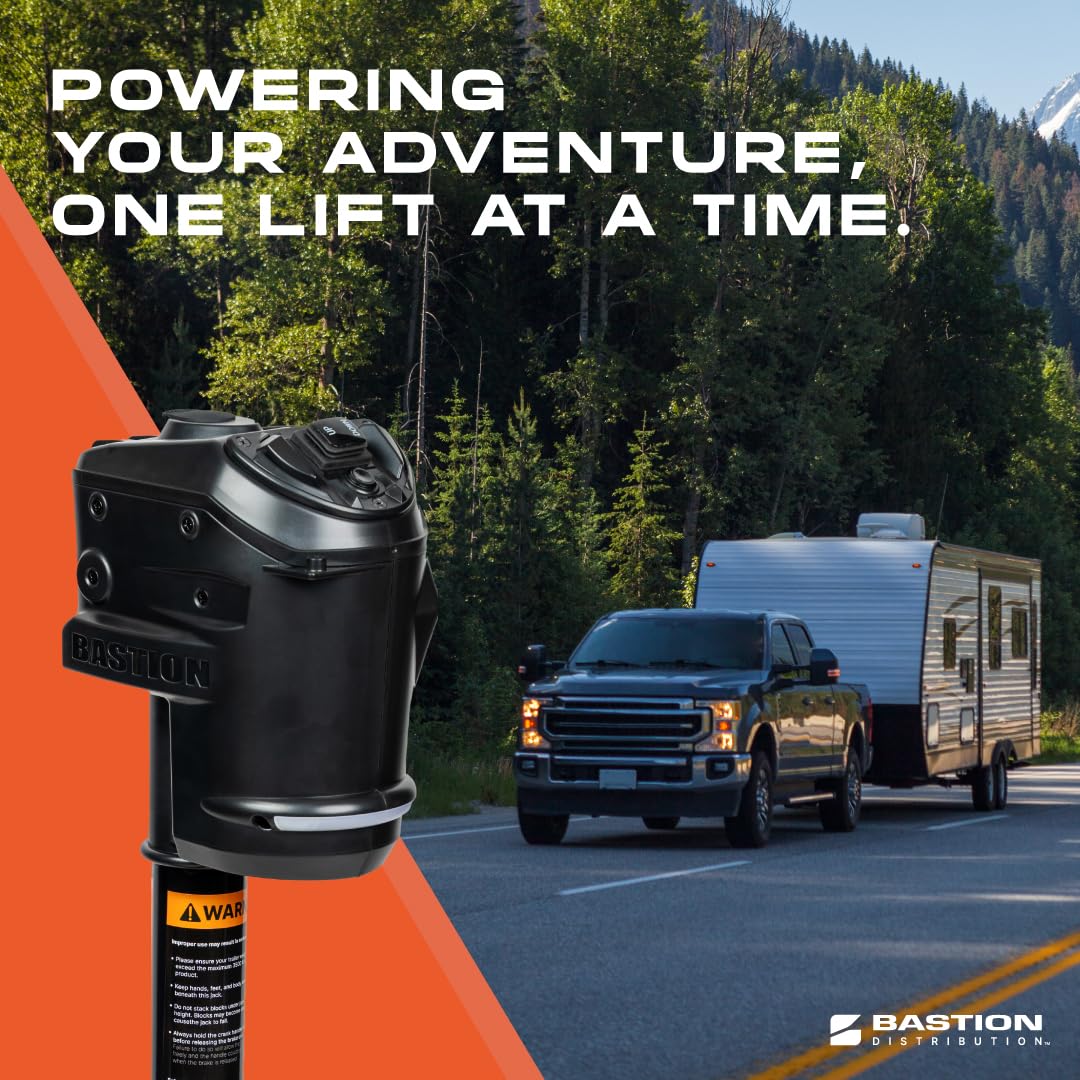 Bastion Distribution Black Sentinel Electric Trailer Jack with Cover – 3500 lb A-Frame Tongue Jack – Weatherproof Switches, LED Light, Manual Crank, 90 Degree Mount – No Stall, No Wobble, Easy Install