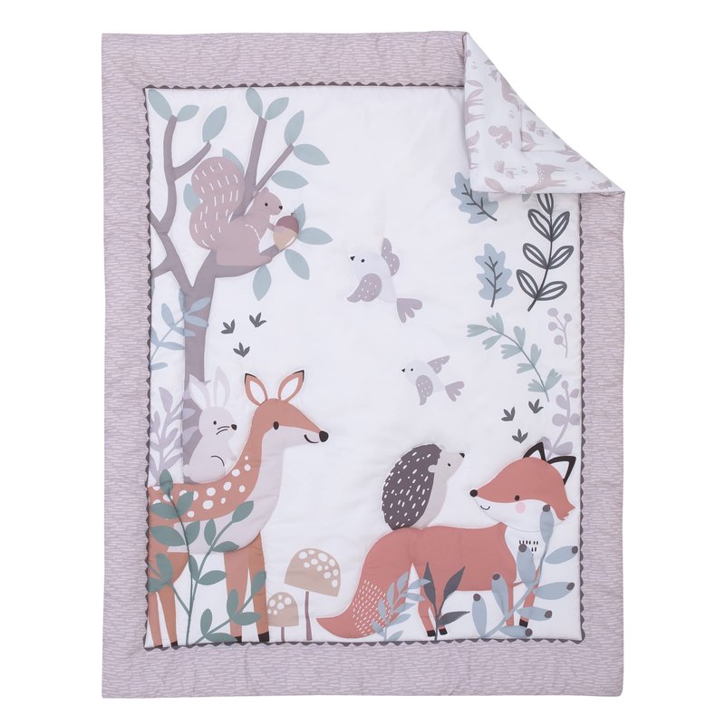 NoJo Little Love Woodland Meadow Taupe, Sage and White, Fox, Deer, and Hedgehog 3 Piece Nursery Mini Crib Bedding Set - Mini Comforter, and Two Fitted Mini Crib Sheets
