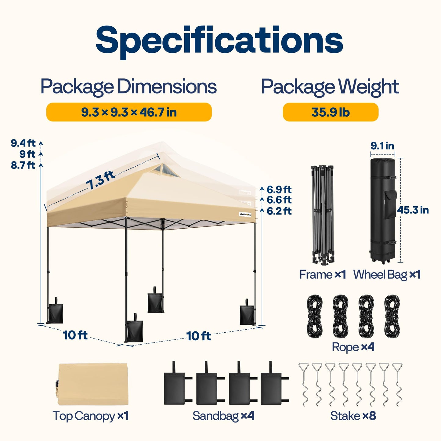 VIVOHOME 10x10ft Pop Up Canopy Tent One Push Setup Outdoor Portable Shelter Tent Heavy Duty with Wheel Carry Bag and 4 Sandbags, Beige