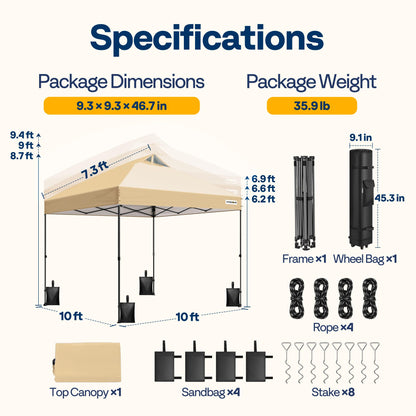 VIVOHOME 10x10ft Pop Up Canopy Tent One Push Setup Outdoor Portable Shelter Tent Heavy Duty with Wheel Carry Bag and 4 Sandbags, Beige