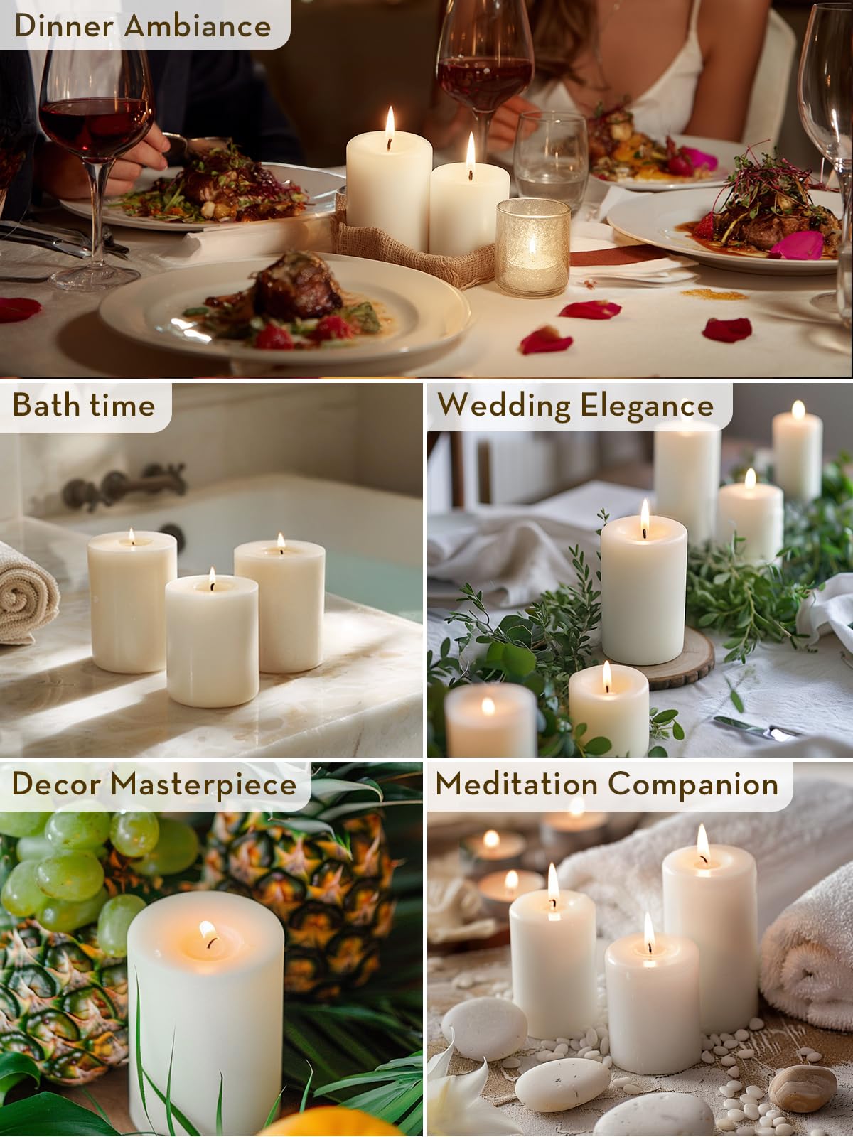 Ashlux 3x4 Inch White Pillar Candles, Set of 3 Wax, 56 Hours Long Burning, Unscented and Dripless Pillar Candles Bulk for Christmas Lights, Wedding, Parties, Spas, Home Decorative