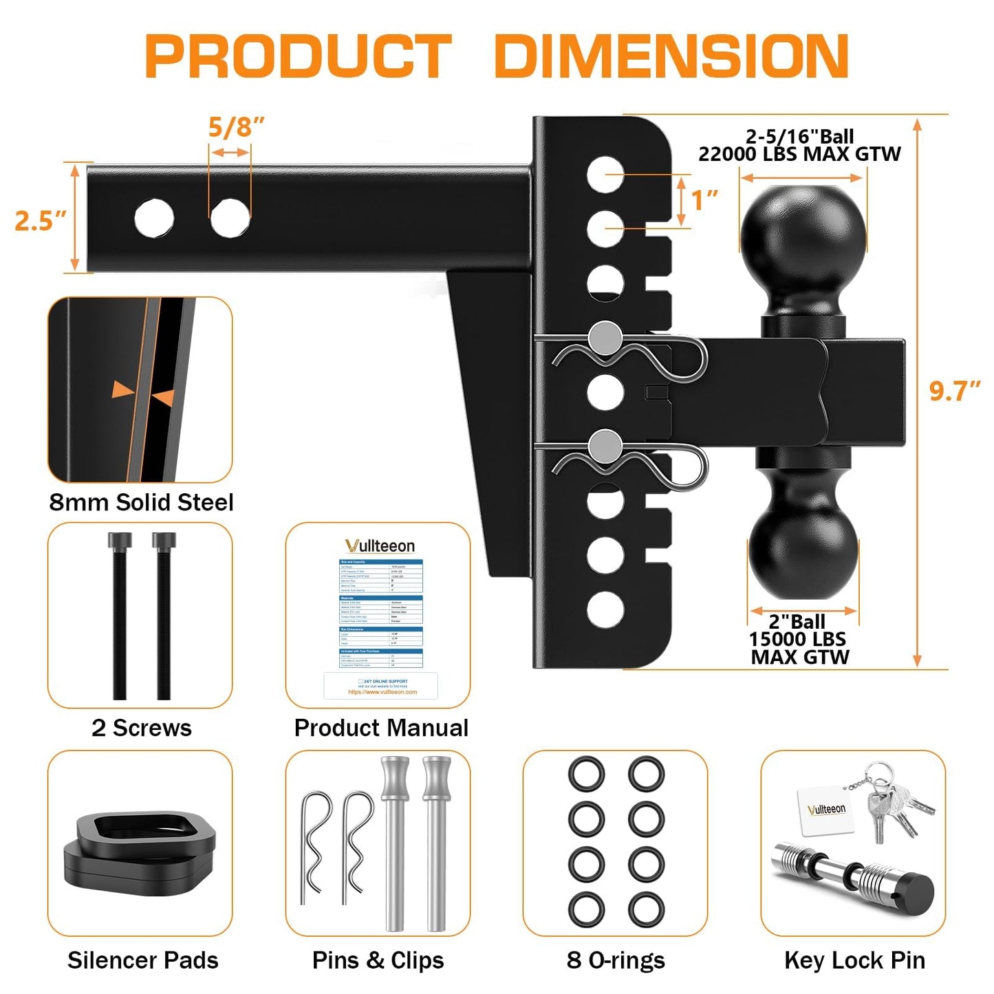 2026 Vullteeon Adjustable Trailer Hitch, Heavy Duty Drop Hitch for 2.5 Inch Receiver, 6 Inch Tow Hitch, 2" & 2-5/16" Ball Hitches for Trucks, 22,000 LBS GTW, Trailer Hitches with Slot-fit Design