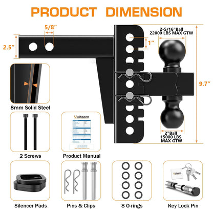 2026 Vullteeon Adjustable Trailer Hitch, Heavy Duty Drop Hitch for 2.5 Inch Receiver, 6 Inch Tow Hitch, 2" & 2-5/16" Ball Hitches for Trucks, 22,000 LBS GTW, Trailer Hitches with Slot-fit Design