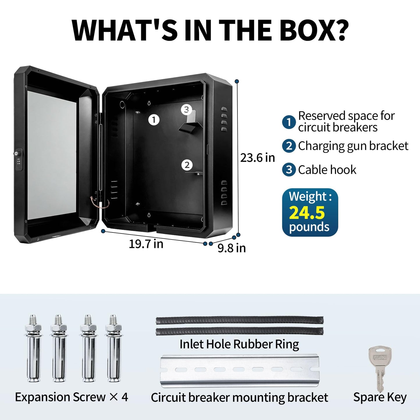 EV Charger Outdoor Lock Box – Wall-Mount Enclosure for Tesla Model Y/3/S/X & Most EV Chargers ≤17”×10”×7” – Weatherproof Anti-Theft with Multiple Cable Entry