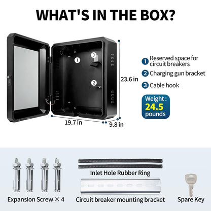 EV Charger Outdoor Lock Box – Wall-Mount Enclosure for Tesla Model Y/3/S/X & Most EV Chargers ≤17”×10”×7” – Weatherproof Anti-Theft with Multiple Cable Entry