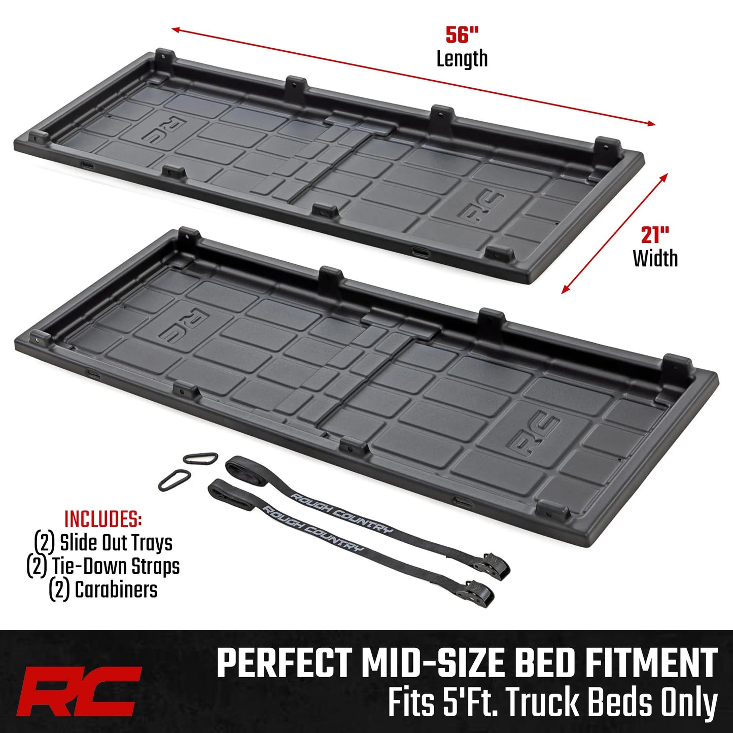 Rough Country Slide-Out Truck Bed Cargo Tray - Mid-Size Bed Organizer for 5' & Shorter Beds, Heavy-Duty Polyethylene, UV-Protected, Easy Tailgate Access
