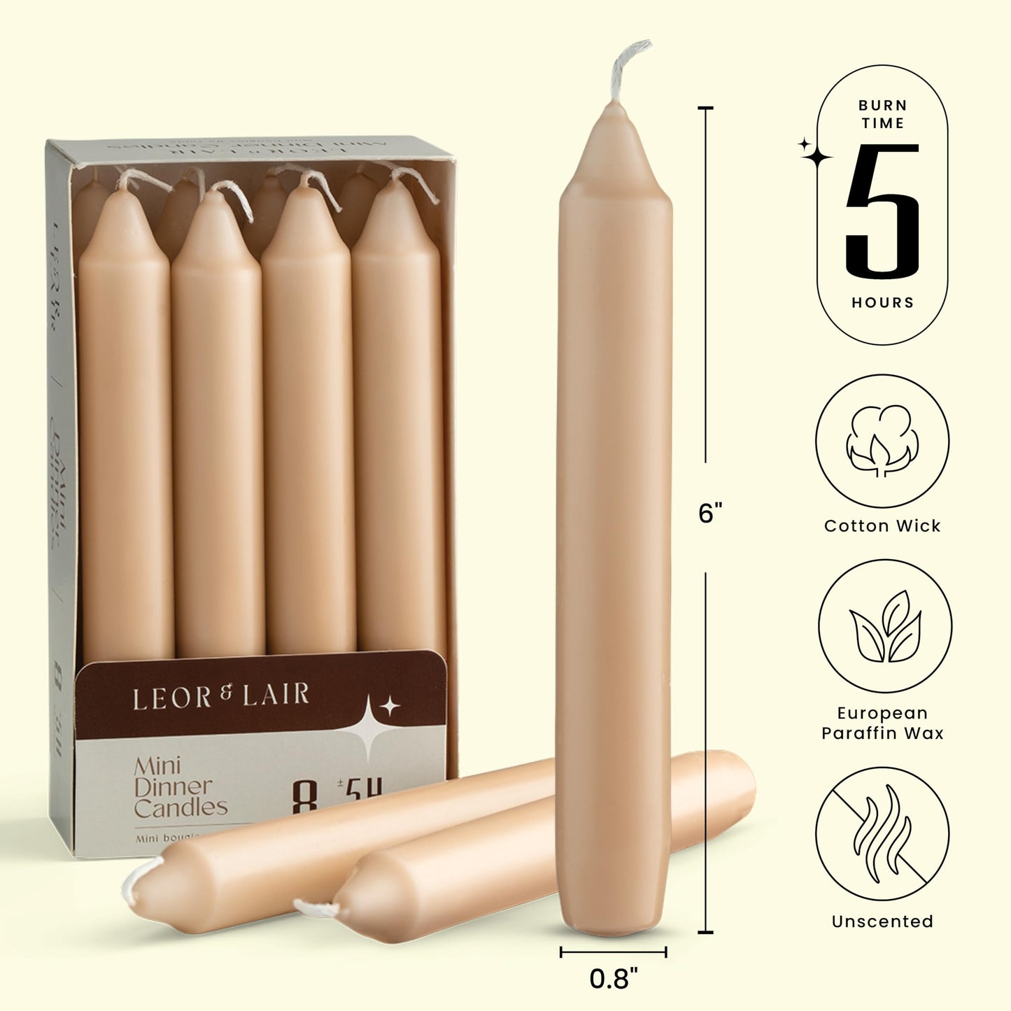 Leor & Lair Beige Candlesticks – Pack of 8 Unscented Short Candle Sticks with Cotton Wick – 5 Hour Burn 6 Inch Taper Candles for Rustic Table Candles & Everyday Dinner