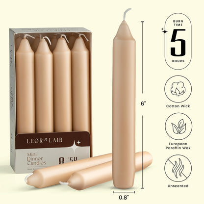 Leor & Lair Beige Candlesticks – Pack of 8 Unscented Short Candle Sticks with Cotton Wick – 5 Hour Burn 6 Inch Taper Candles for Rustic Table Candles & Everyday Dinner