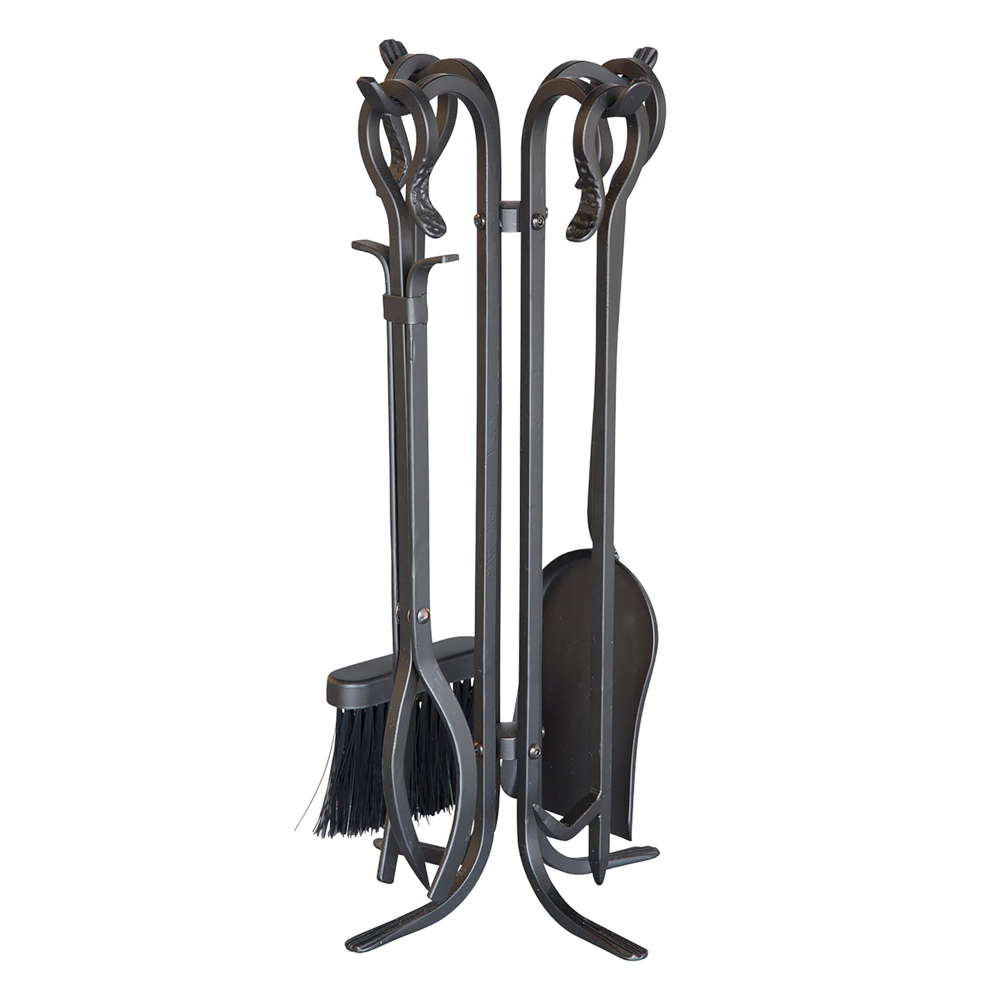 Plow & Hearth 5 Piece Hand Forged Iron Compact Fireplace Tool Set 20" | Black Wrought Iron Handle for Outdoor Indoor | Stand Poker Shovel Brush Log Tongs Wood Stove Accessory