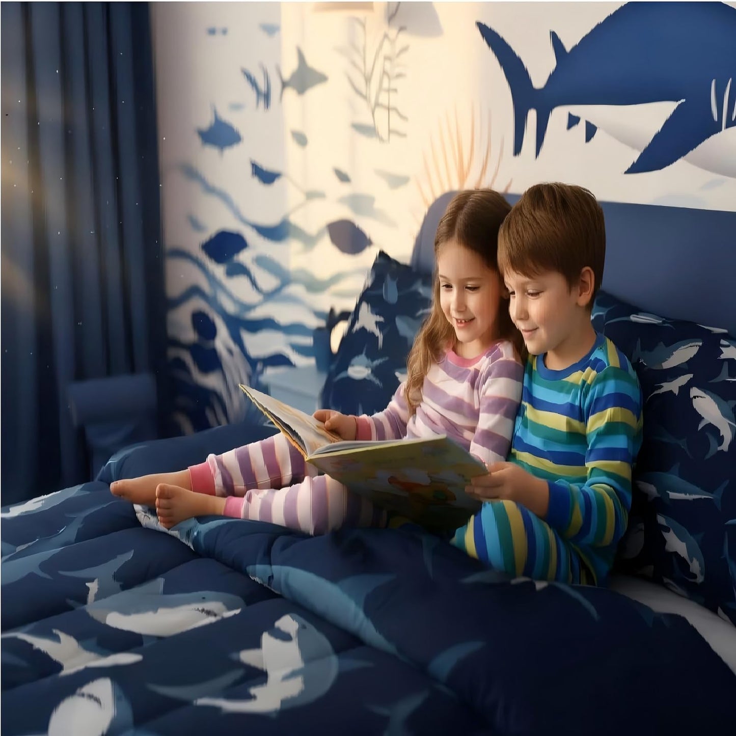 Erosebridal 10 Pieces - Boys Shark Ocean Themed 2 Comforters + 4 Pillow Cases + 1 Fitted Sheet + 1 Flat Sheet + 2 Pillow Shams