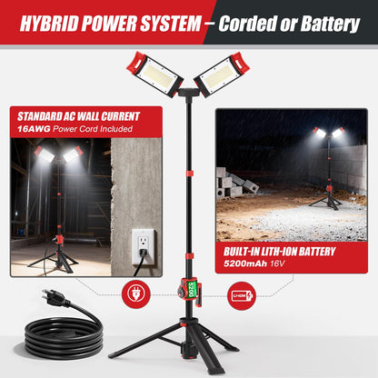 SYLSTAR Hybrid Powered LED Work Light with Tripod, 12000 Lumens Corded & Rechargeable Battery Work Light, 7.4ft Aluminum Telescopic Stand, 3 Brightness Levels, IP65, Dual Head, Portable Job Site Light