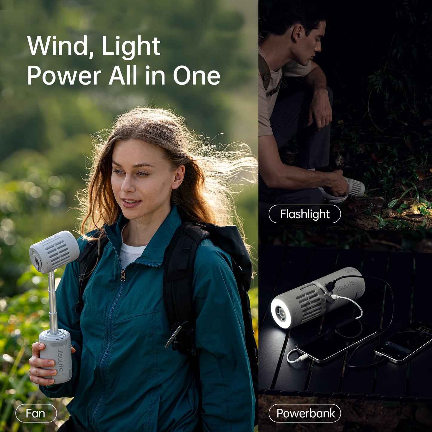 JISULIFE Outdoor Fan Ultra 1, 10-Speed Foldable, 13500mAh Battery Operated Rechargeable, Portable Tent Ceiling with Power Bank, Flashlight, Ideal for Travel, Camping, Fishing, Gifts - Grey