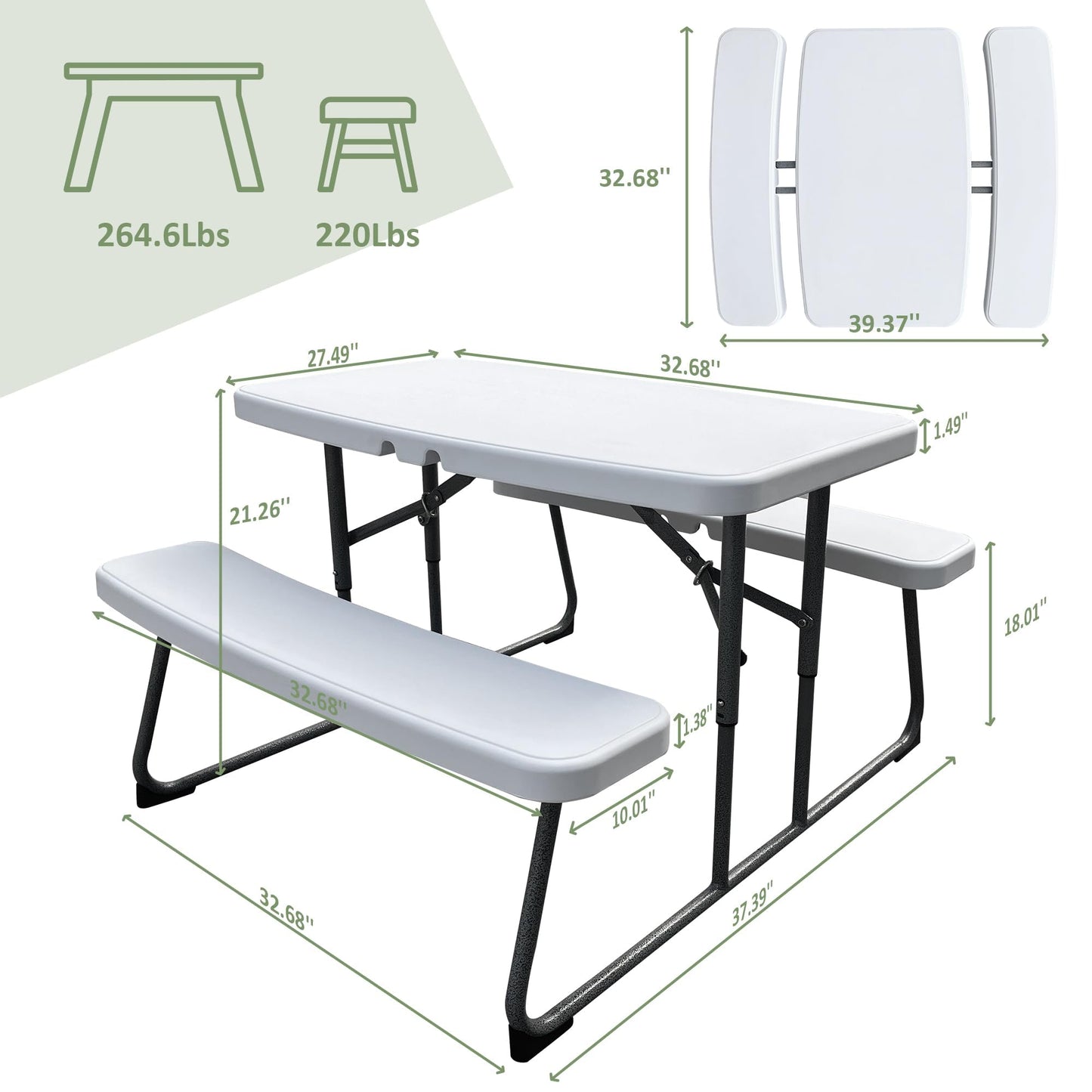 Elevon Kids Folding Picnic Table with Benches, Outdoor Picnic Table HDPE Tabletop & Steel Frame, Ideal for Yard Patio Lawn Party, White