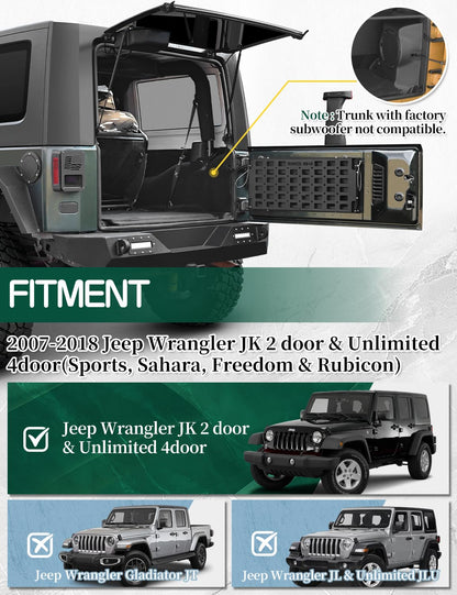 JROAD No-Drill Tailgate Table for Jeep Wrangler JK 2007-2018,Foldable Jeep JK Tailgate Storage Cargo Rack with MOLLE Panel,Heavy Duty 88 lbs Capacity,Not Fit Trunk with Factory Subwoofer