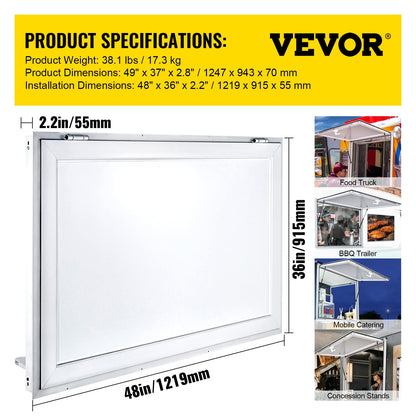VEVOR Concession Window for Food Truck, 48 x 36 Inch, Silver, Double-Point Fork Lock, Awning Door Up to 85 Degrees, Glass Not Included