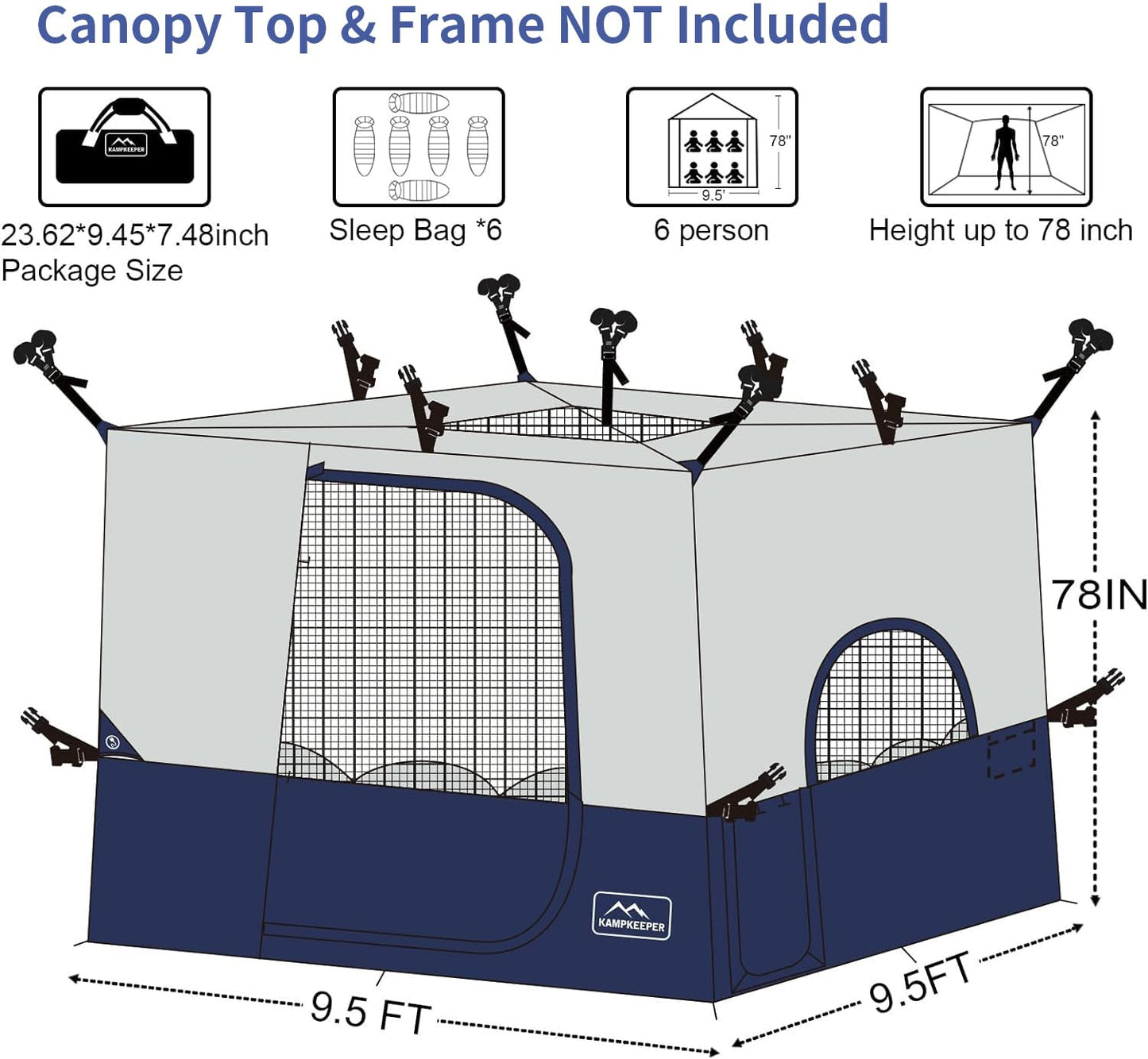 KAMPKEEPER Camping Inner Tent for Pop Up Canopy, Converts 10'x10' Straight Leg Canopy into Camping Tent–Fully Vented Roof(Top & Frame NOT Included) (Navy Blue, with Dog Hole)