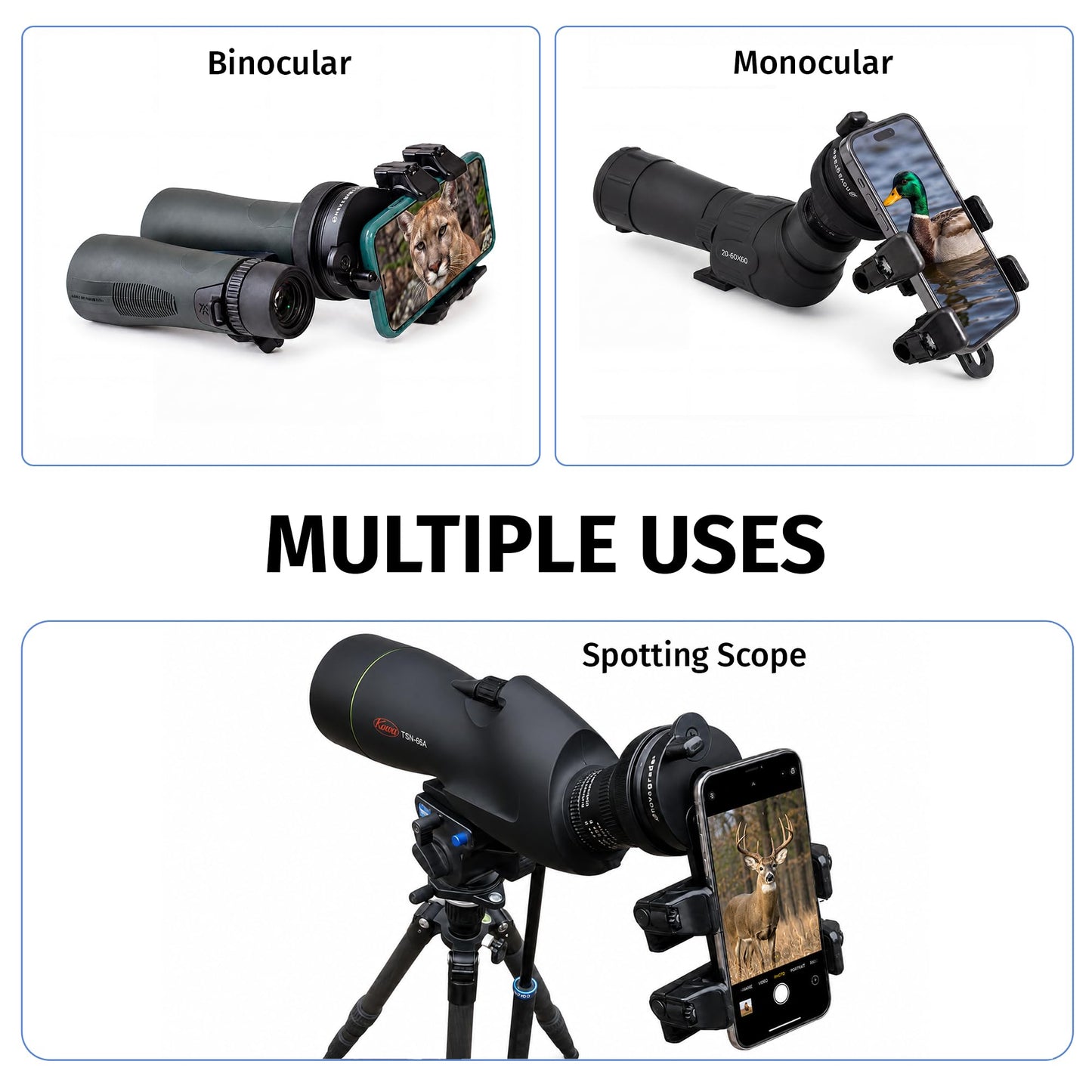 Novagrade Universal Spotting Scope Phone Adapter - Double Grip Telescope Phone Mount for Digiscope Photography & Binoculars Mount for iPhone that Fits Almost all Smartphones on the Market, Made in USA