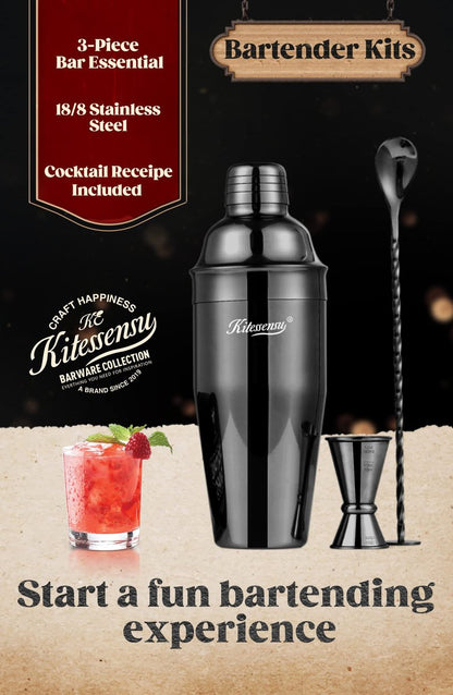 KITESSENSU Cocktail Shaker Set, Stainless Steel Martini Shaker with Bartender Strainer, Measuring Jigger, Bar Mixing Spoon, Cocktail Recipe Included, Pink