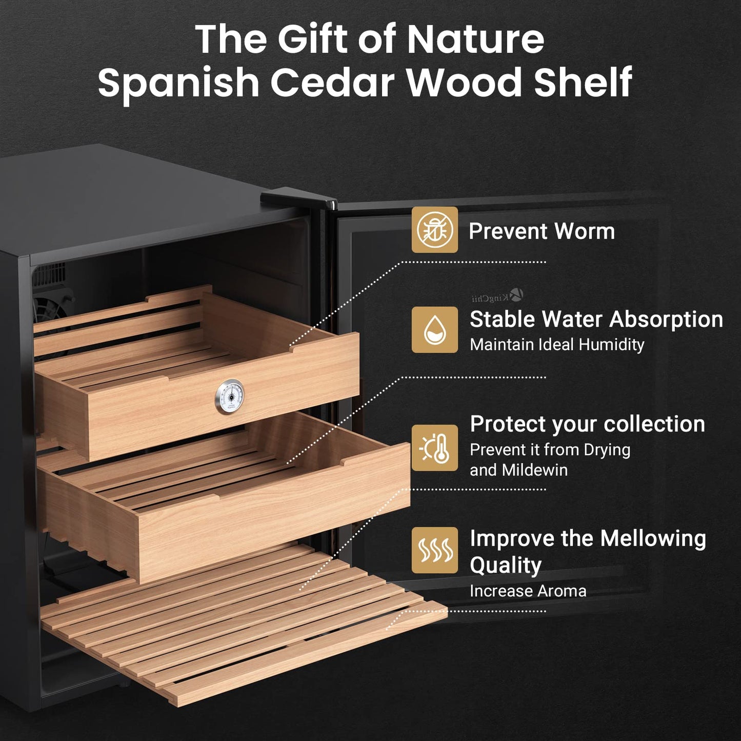 KingChii 48L Electric Cigar Humidors with Temperature Control System, Cigar Cabinet with Spanish Cedar Wood Shelves & Hygrometer, Gifts for Men (3 Layers 350 Capacity)