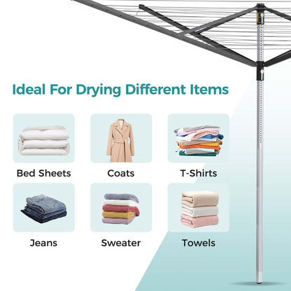 JS Clothes Drying Rack, 196ft Clothesline Height Adjustable Collapsible Laundry Rack for Outdoor Use, Space-Saving Drying Rack for Bedding & Clothing