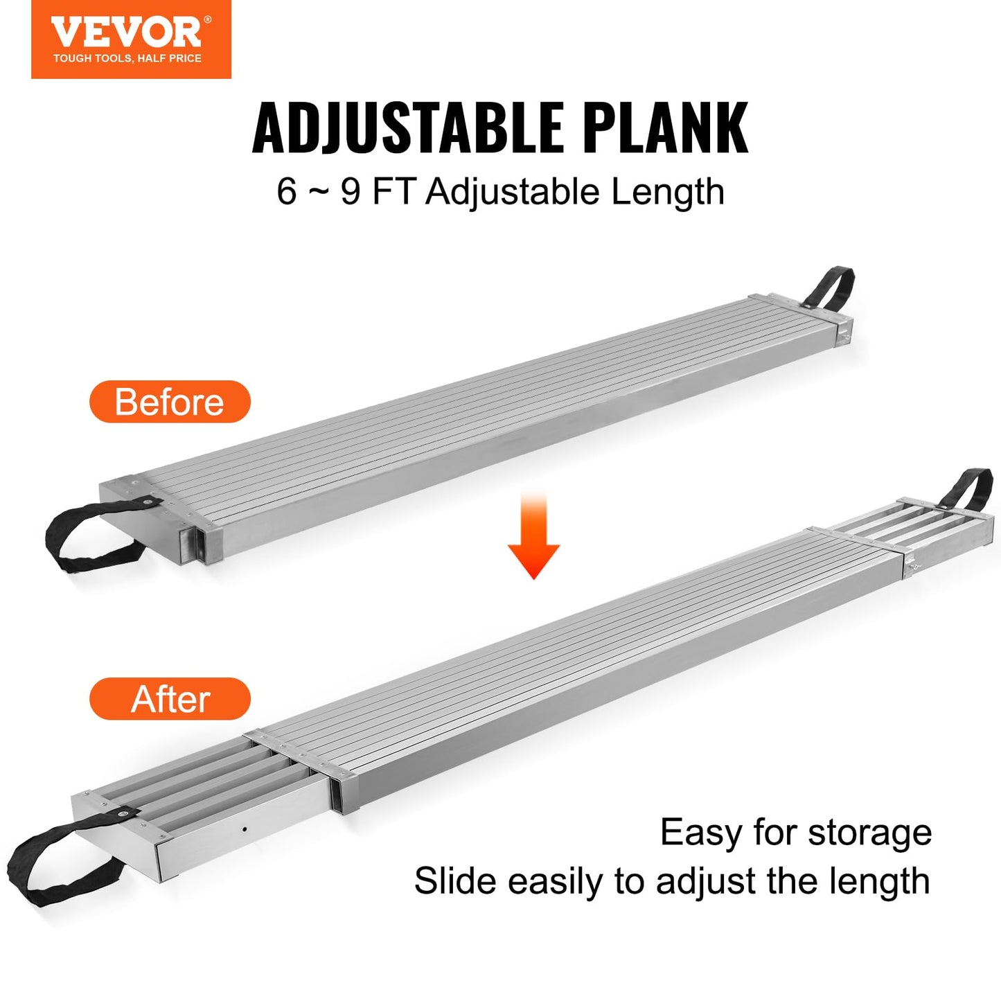 VEVOR Aluminum Telescoping Work Plank, 6-9FT, 500lbs Capacity, 12.5 inch Width, Scaffolding Plank with Skid-Proof Platform Scaffold Ladder Accessory