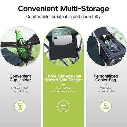 2 Pack Oversized Folding Camping Chairs High Back Heavy Duty Padded Lawn Chair for Adults Support up to 450lbs with Cup Holder, Side Pocket Cooler Bag, Green