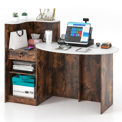 Giantex Reception Desk, Front Counter Desk with Lockable Drawer, Oval Tabletop & Adjustable Shelf, Retail Register Stand, Checkout Table for Office Beauty Salon Reception Room (White & Rustic Brown)