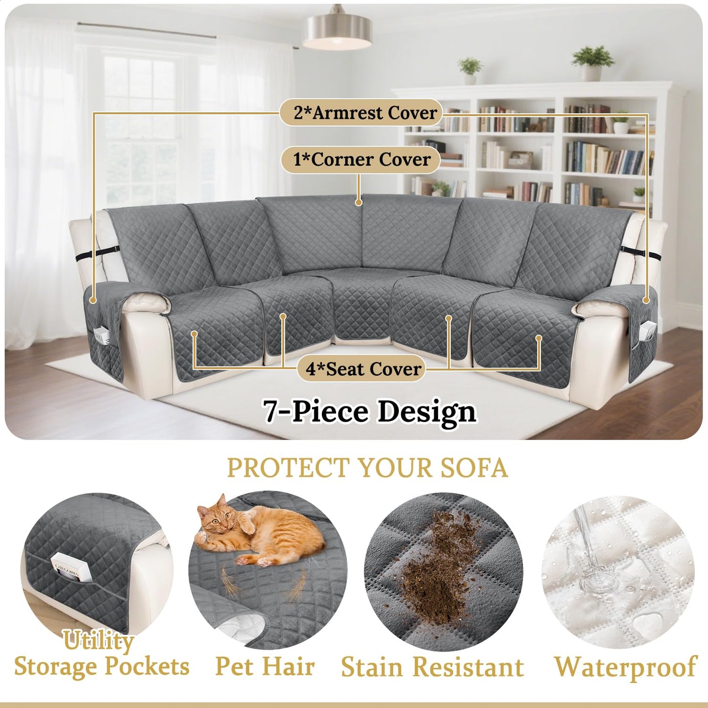 HDCAXKJ 100% Waterproof Recliner Sectional Couch Covers XX-Large L Shaped Corner Reclining Sofa Cover Washable Thick Non Slip Sectional Slipcover with Pockets (XXL 5 Seat Recliner Couch, Grey)