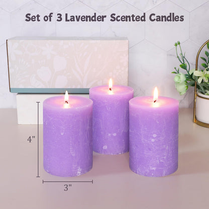 Cafemoon 3 Pack 3x4 Inch Lavender Scented Pillar Candles, Rustic Rough Textured Purple Candles, 35+ Hours Long Burning Smokeless Dripless for Home Decor Bathroom Shelf Dinner Party Spa Gift