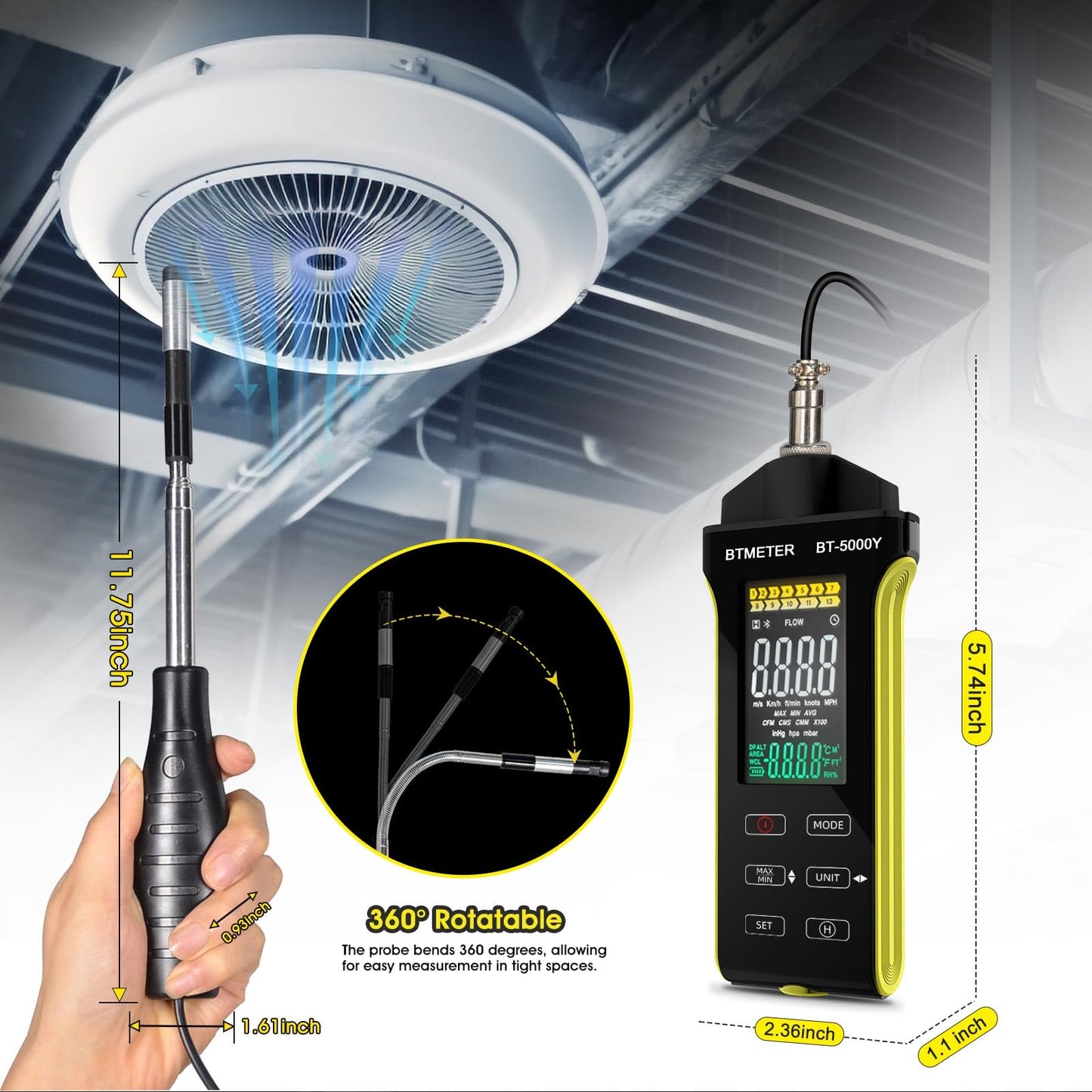 BTMETER Hot Wire Anemometer - CFM/CMM Digital Air Flow Meter, Wind Speed Meter Measure 0.2~67Mph, Thermal Anemometer with 360° Revolve Telescopic Probe for HVAC Duct Air Vent BT-5000Y
