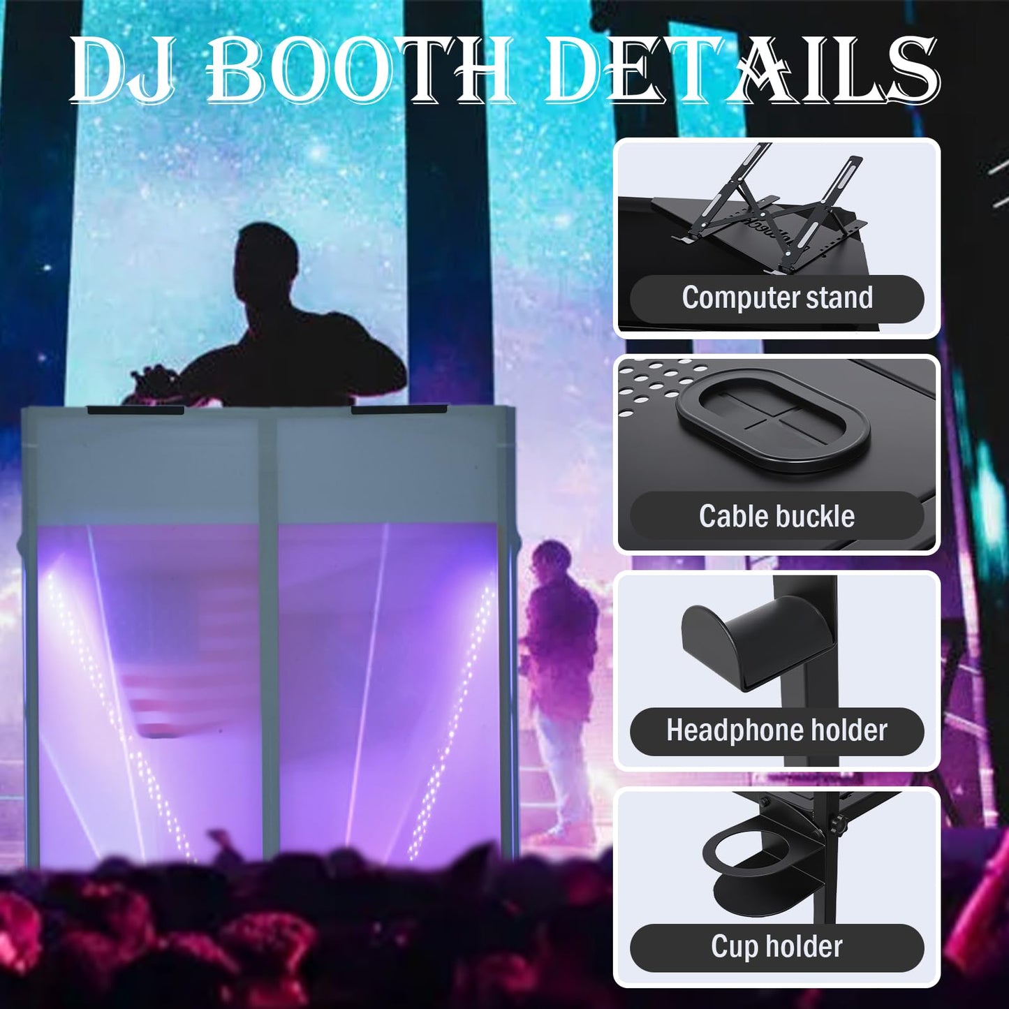 ANGELBECKE Portable DJ Booth Facade,DJ Table,Heavy-Duty DJ Table Stand Portable Booth,Iron Plate Surface DJ Facade Booth,with Carry Bag & Hook & Cup Holder (41.3"L x 20.4"W x 43.3"H)
