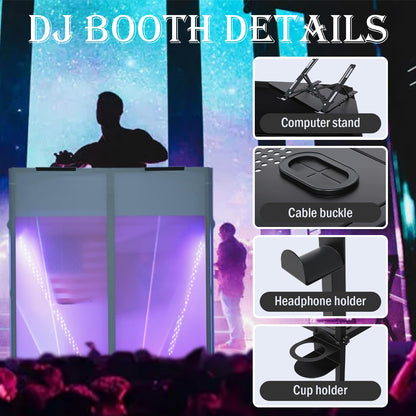 ANGELBECKE Portable DJ Booth Facade,DJ Table,Heavy-Duty DJ Table Stand Portable Booth,Iron Plate Surface DJ Facade Booth,with Carry Bag & Hook & Cup Holder (41.3"L x 20.4"W x 43.3"H)