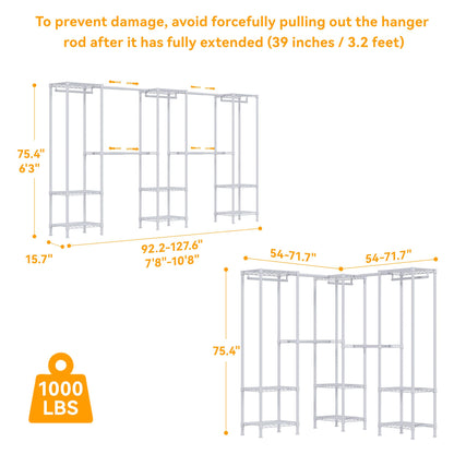 Higeego H11 Heavy Duty Garment Rack, Clothing Rack for Hanging Clothes, Extra Large Closet, Freestanding Wardrobe Closet Organizer and Storage with Hanger Rods, Extendable from 7.8 to 10.8 ft, White
