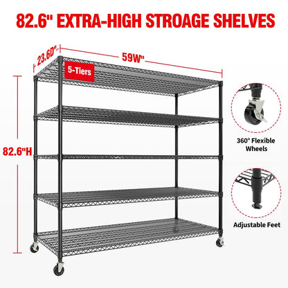 ExploreHorizon 5-Tier Metal Storage Shelving Unit, 3300 Lbs Load Capacity Heavy-Duty Shelf Organizer, Adjustable Wire Rack Shelves for Garage, Pantry & Kitchen, 82.6" h x 59" w x 23.6" d