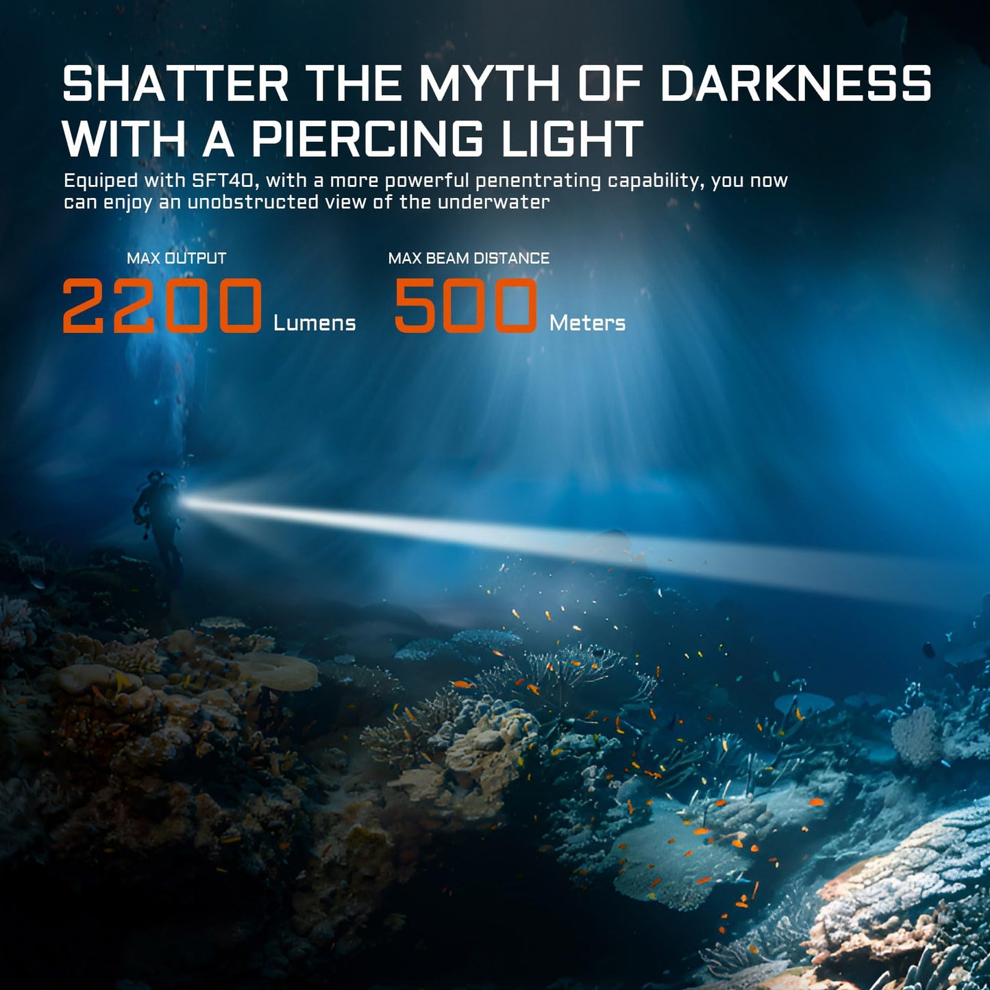 ACEBEAM D20 2200 High Lumens Dive Light Rechargeable, 200 Meters Underwater Depth Scuba Diving Flashlight, 500 Meters Beam Distance Diving Light, 3 Mode Scuba Dive Safety Light for Diving, Searching